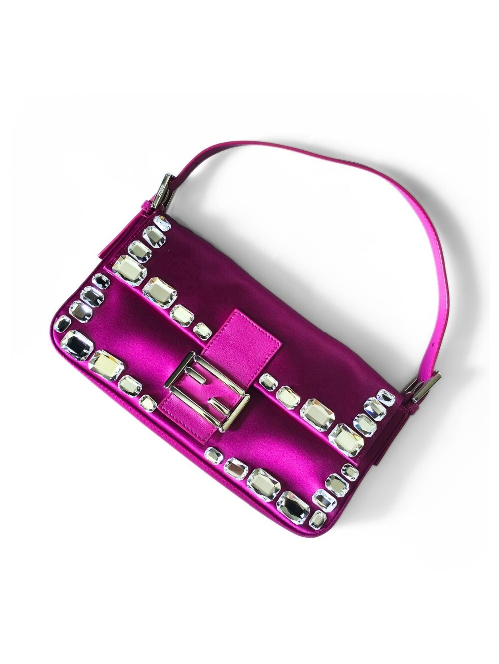 Fendi Baguette Fuchsia Silk Embellished Large Diamond Crystals